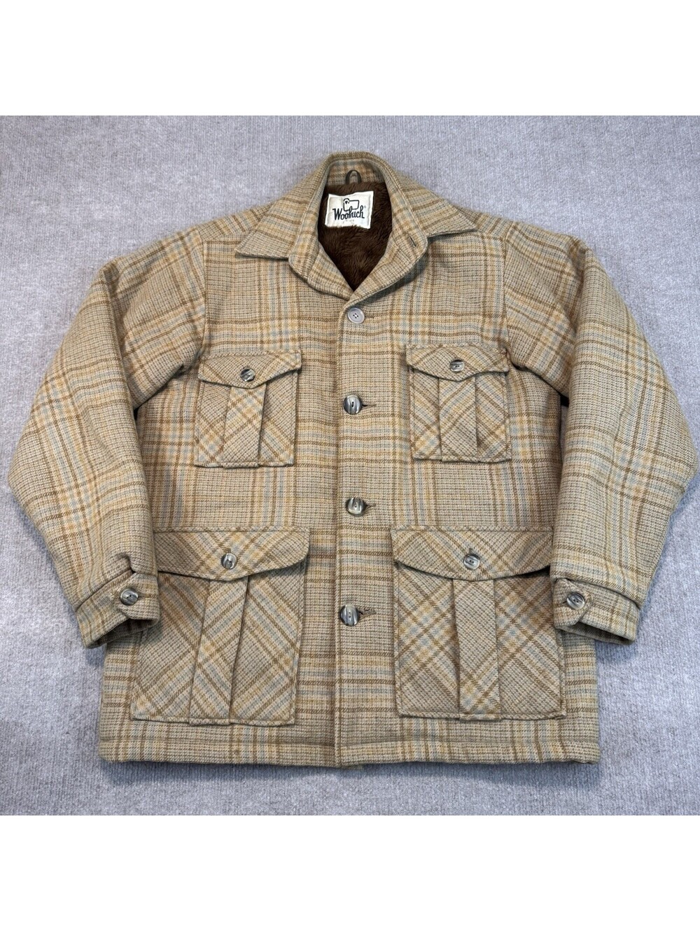 Vintage 70s Woolrich Plaid Field Jacket Sherpa Lined Safari Chore Coat Sz Medium